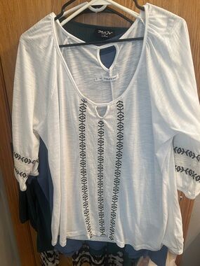 Maurices White Top with Black Embroidered Trim